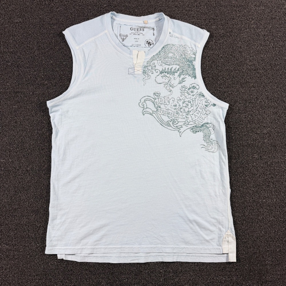 Guess Sleeveless Graphic Muscle T-Shirt Men's XL Blue Dragon White Y2K Style